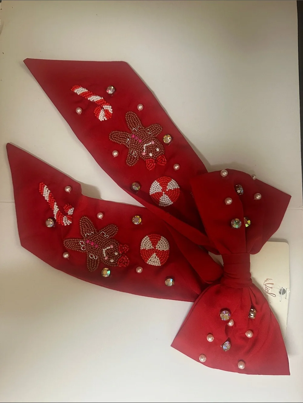 Red Embellished Holiday Bow with Crystals and Pearls